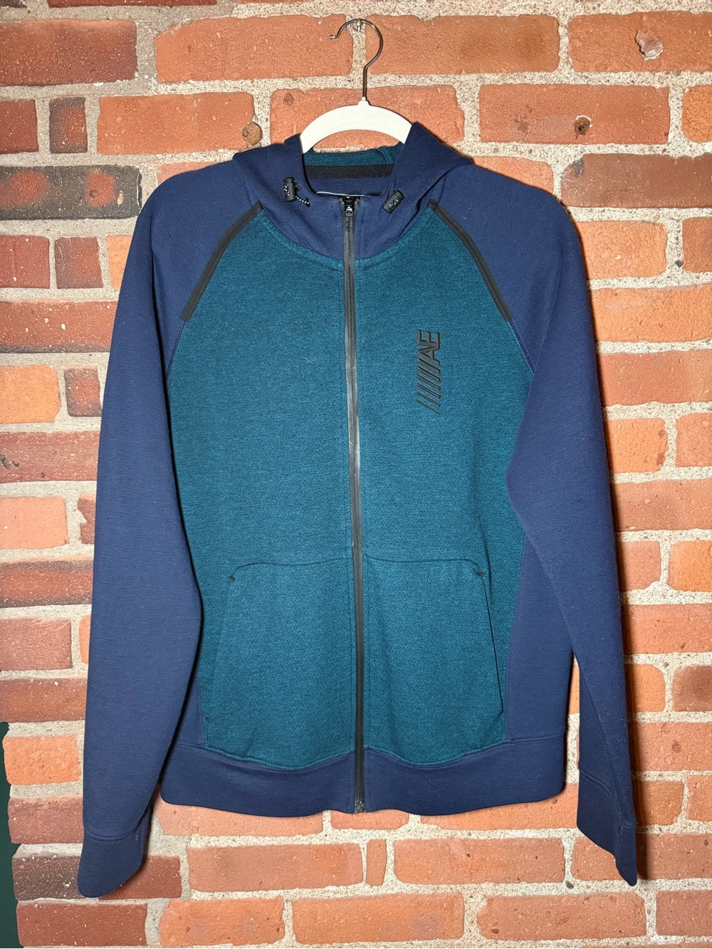 American Eagle Outfitters Teal Front Zip Hoodie with Navy Sleeves